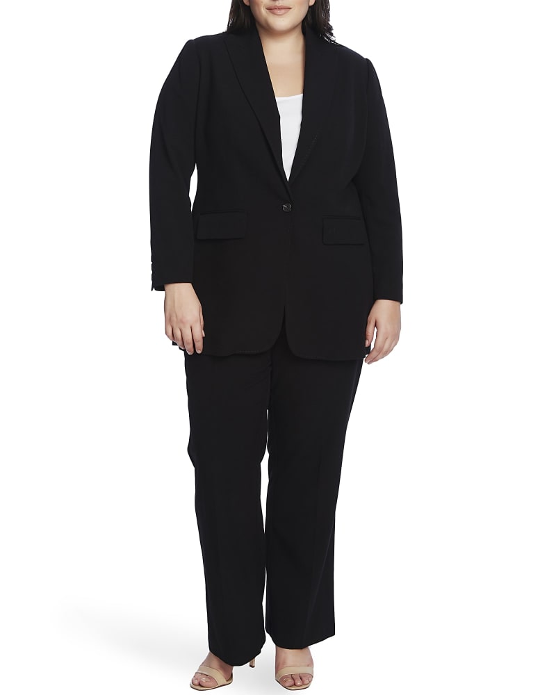 Front of a model wearing a size 12W Nina Suiting Two Pocket Blazer in RICH BLACK by Vince Camuto. | dia_product_style_image_id:261739